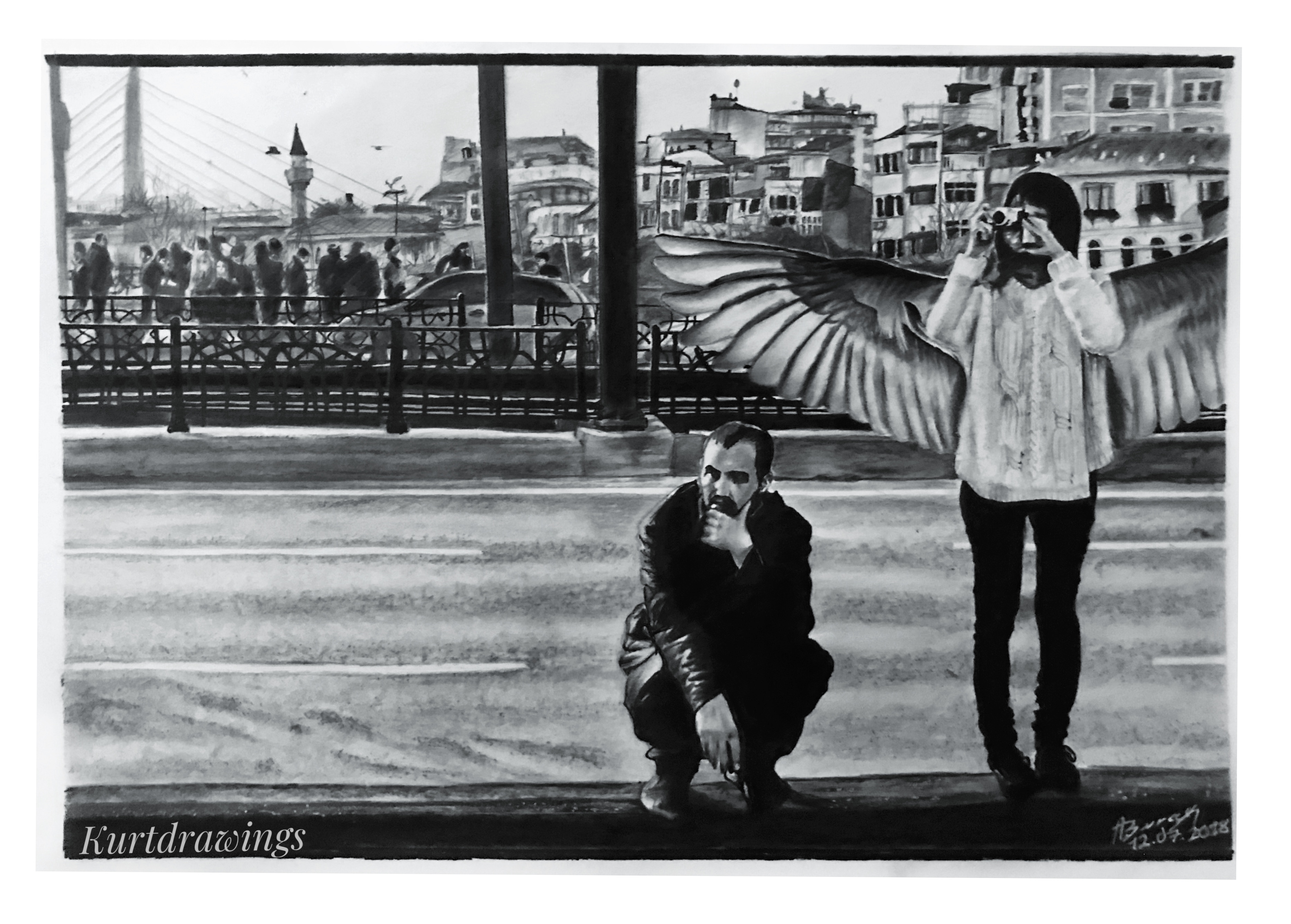 Creative charcoal landscape drawing with angel wings by Kurt A. B..
