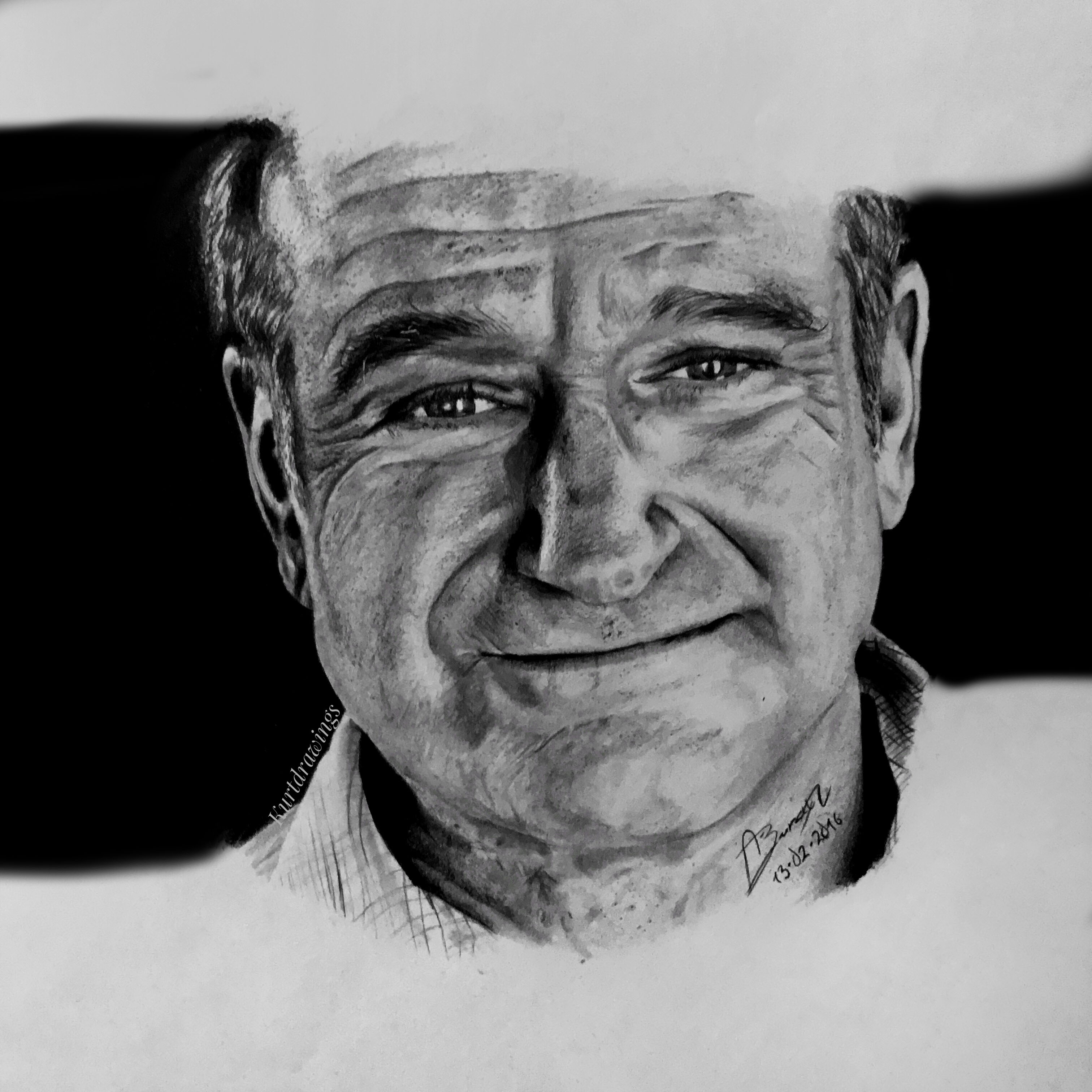 Realistic charcoal portrait drawing of Robin Williams by Kurt A. B..