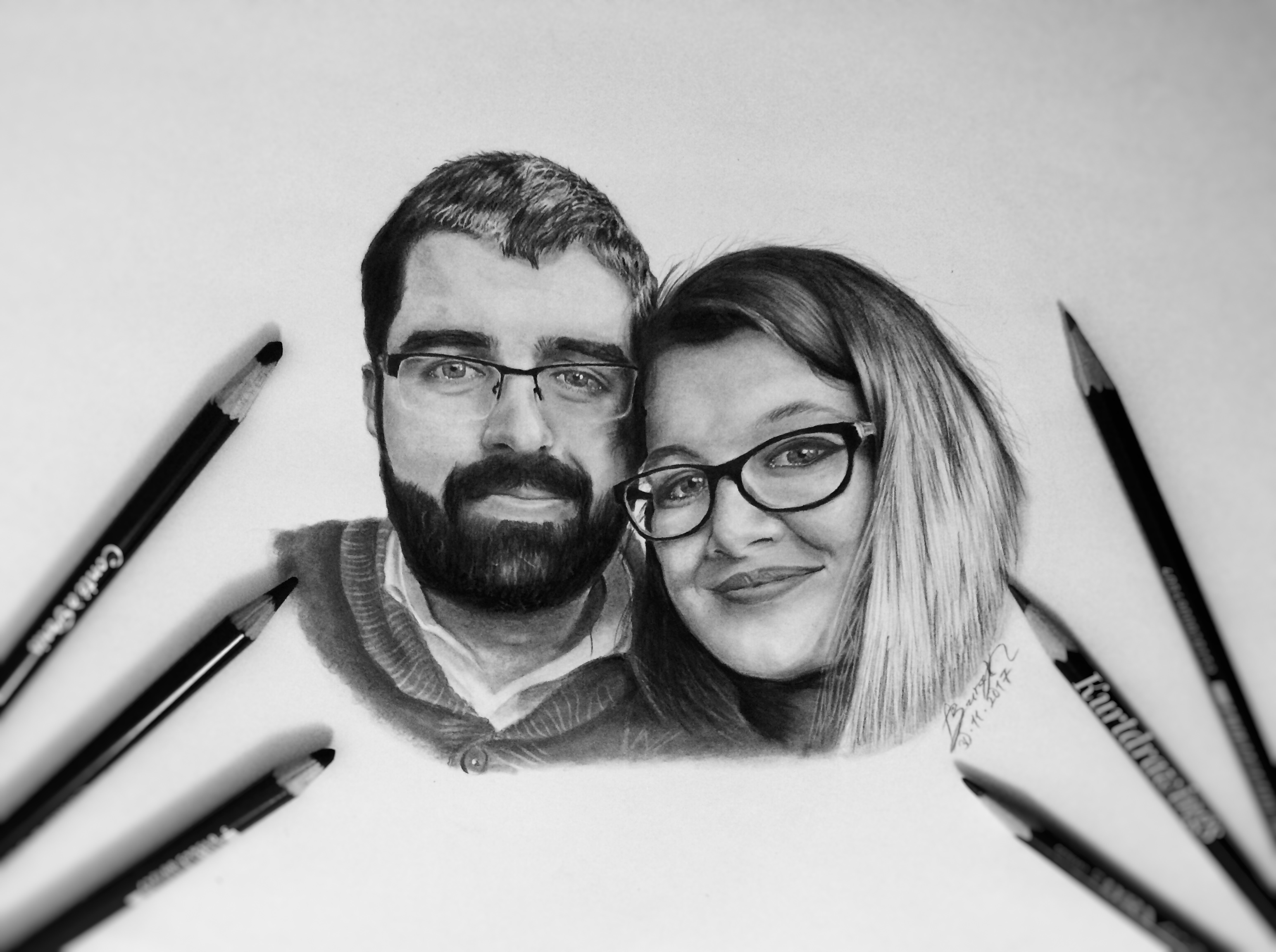 Custom charcoal portrait drawing of friends by Kurt A. B..